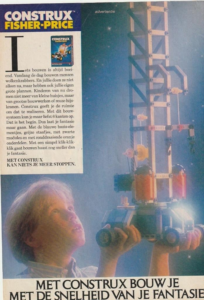 Retro reclame 1987 Fisher-Price speelgoed jongetje Construx, Verzenden, Overige typen