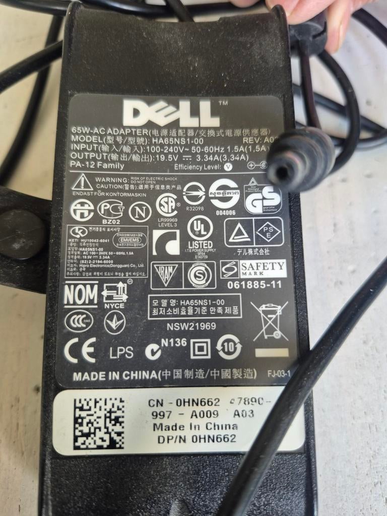 Dell 65W AC Adapter HA65NS1-00 - Oplader voor Laptop, Computers en Software, Ophalen of Verzenden, Zo goed als nieuw, Dell
