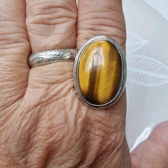 Zilveren ring met prachtige tijgeroog, 18 tot 19, Gebruikt, Bruin, Ophalen of Verzenden