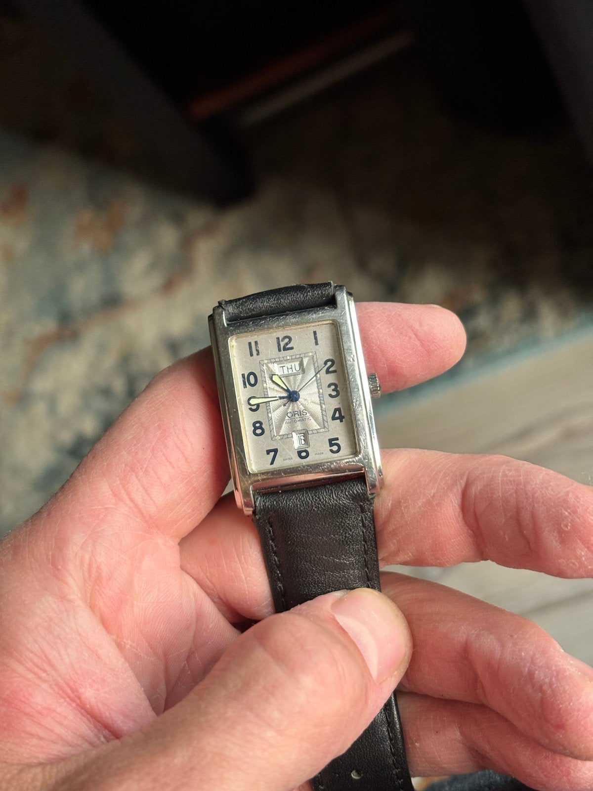 Vintagr Oris Rectangular Pointer Date Automatisch Horloge, Sieraden, Tassen en Uiterlijk, Overige merken, Staal, Polshorloge, Ophalen of Verzenden