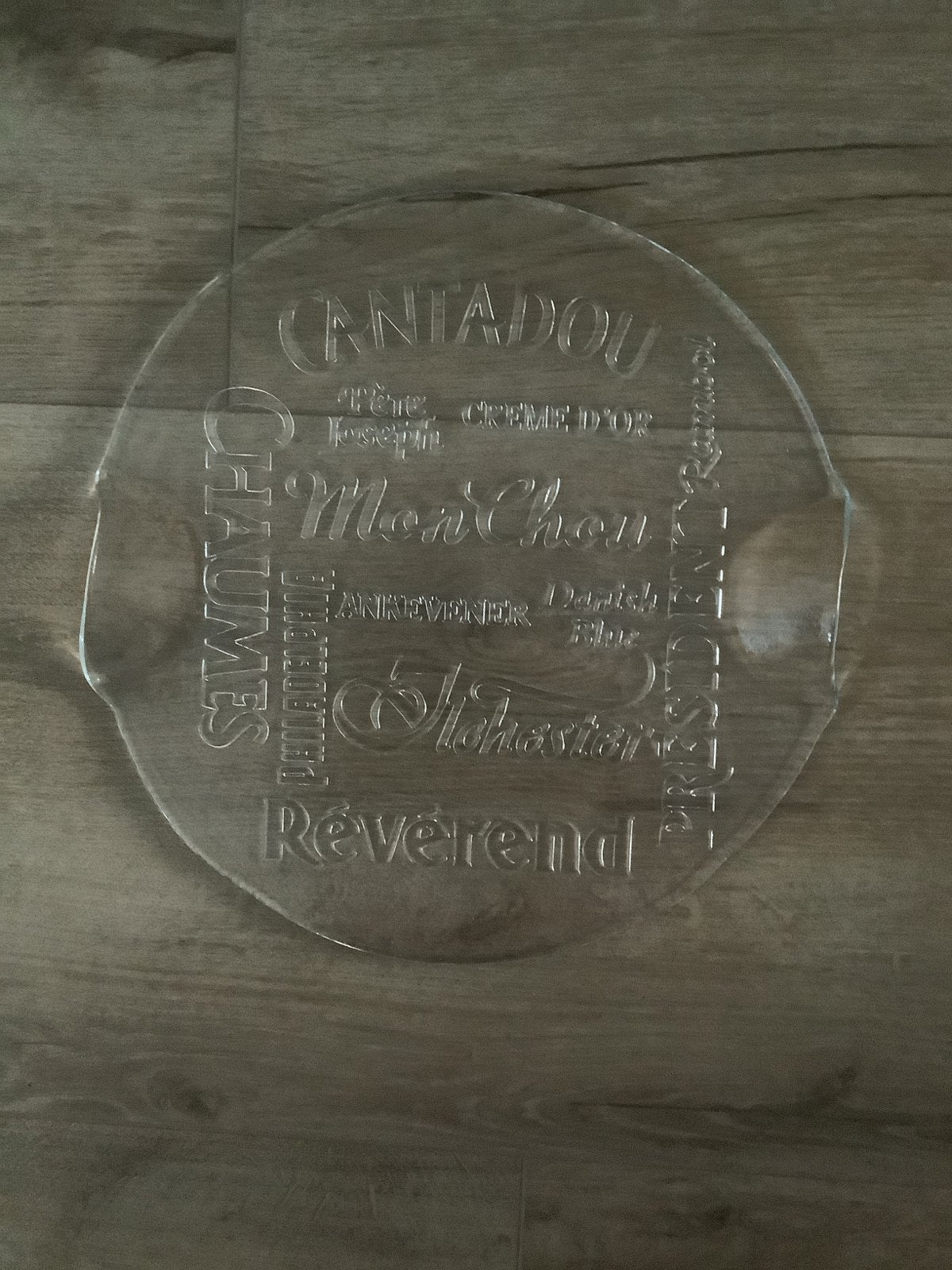 Vintage Glazen Kaasplank met Kaasnamen, Ophalen of Verzenden
