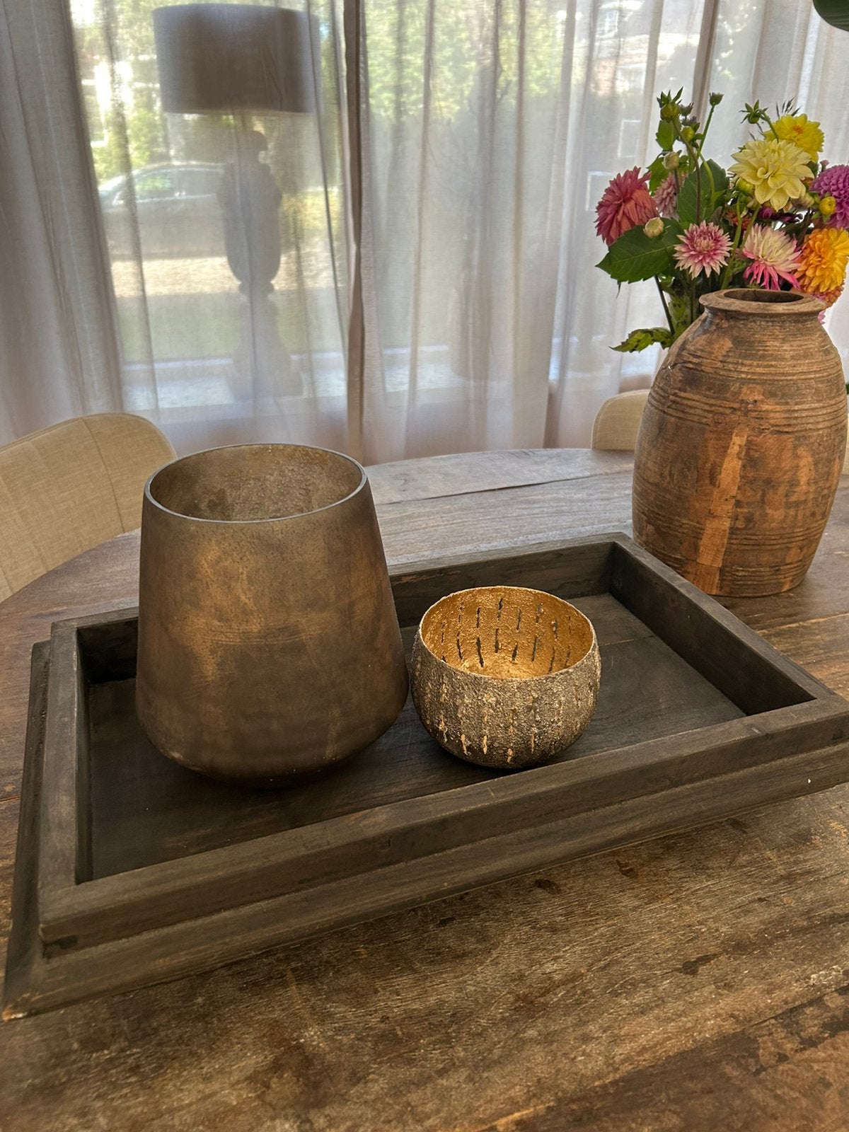 Houten plateau/dienblad op voet, Huis en Inrichting, Ophalen of Verzenden, Zo goed als nieuw, Rond, Hout