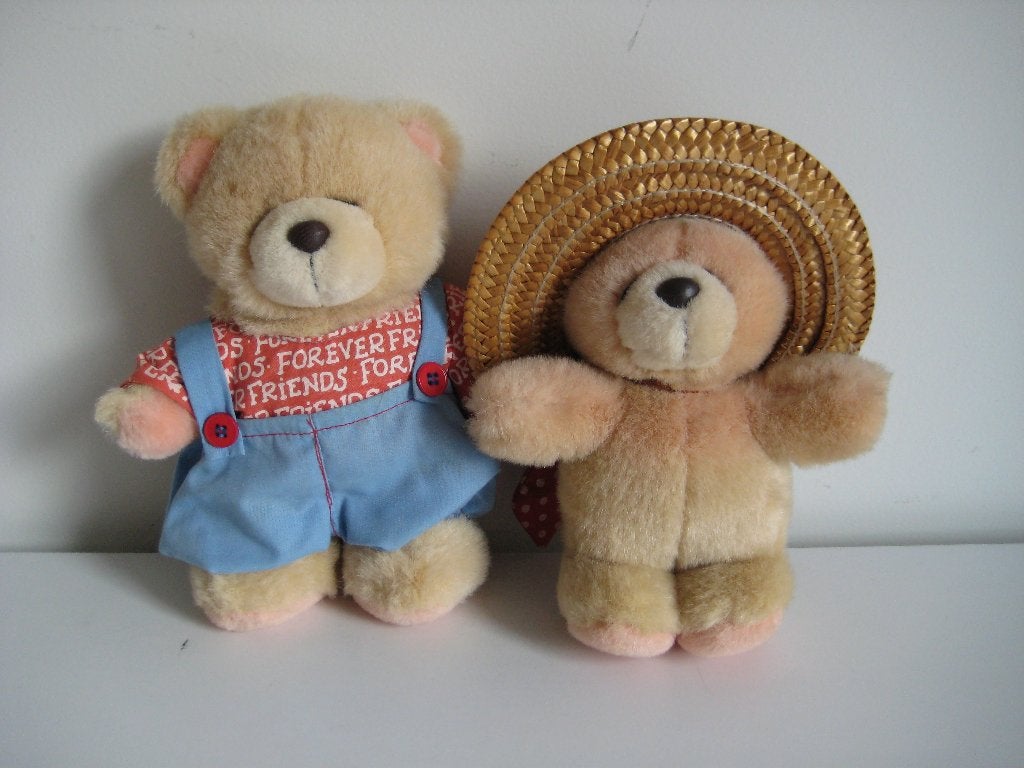 Forever Friends-beren blauwe tuinbroek en zonnehoed ca 17 cm, Ophalen of Verzenden, Zo goed als nieuw, Stoffen beer, Forever Friends