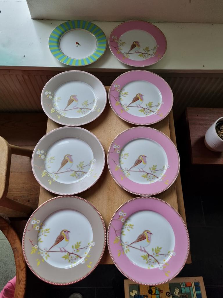 8 x Pip Studio birds flowers collectie ontbijtbordjes, Ophalen of Verzenden, Porselein, Overige stijlen, Bord(en)