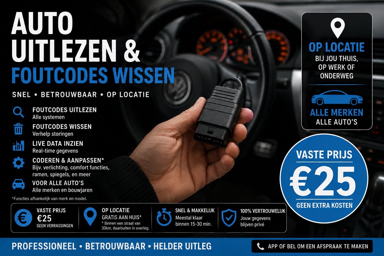 Auto Uitlezen & Foutcodes Wissen – Op Locatie – €25, Diensten en Vakmensen, Mobiele service, Overige werkzaamheden