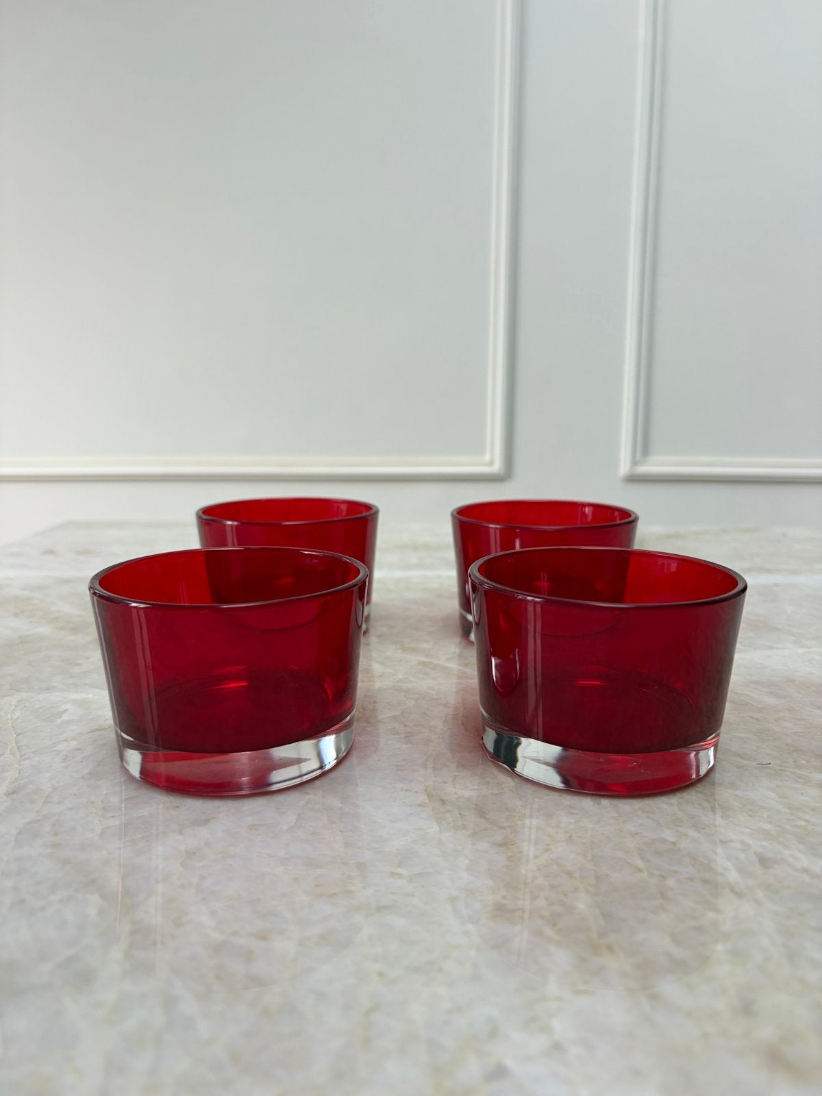 Set van 4 rode Ikea waxinelichthouders van glas, Waxinelichthouder, Ophalen of Verzenden, Rood, Glas