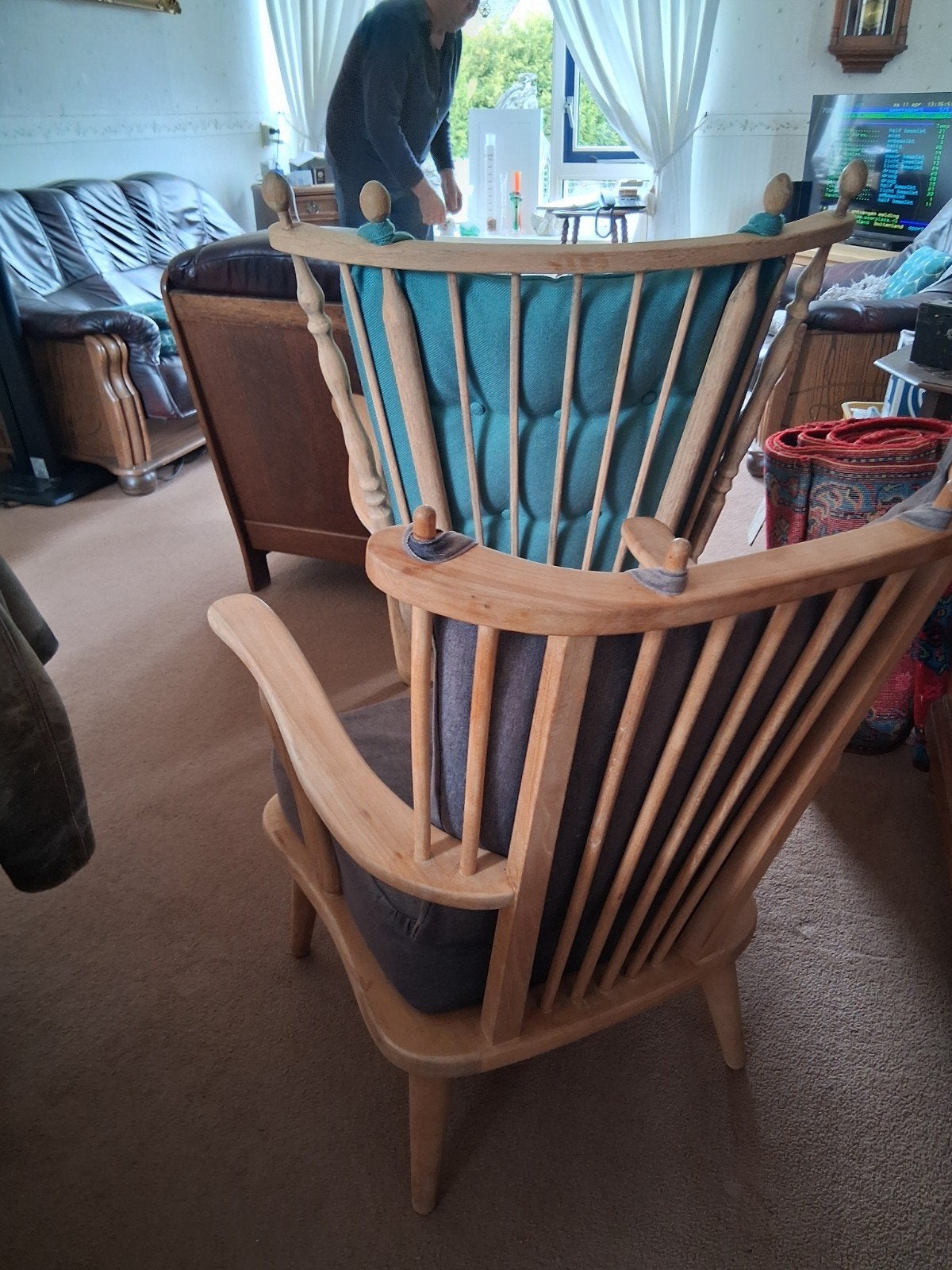 Twee vintage  spijltje fauteuils, Ophalen, 75 tot 100 cm, 50 tot 75 cm