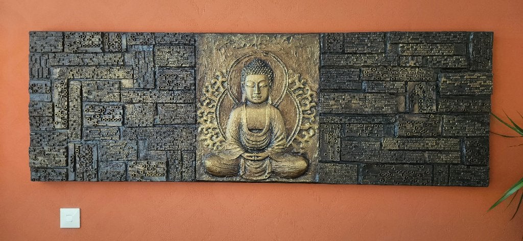 Buddha wanddecoratie 180 x 60 cm massief houten frame, Ophalen, Zo goed als nieuw, Handgemaakt