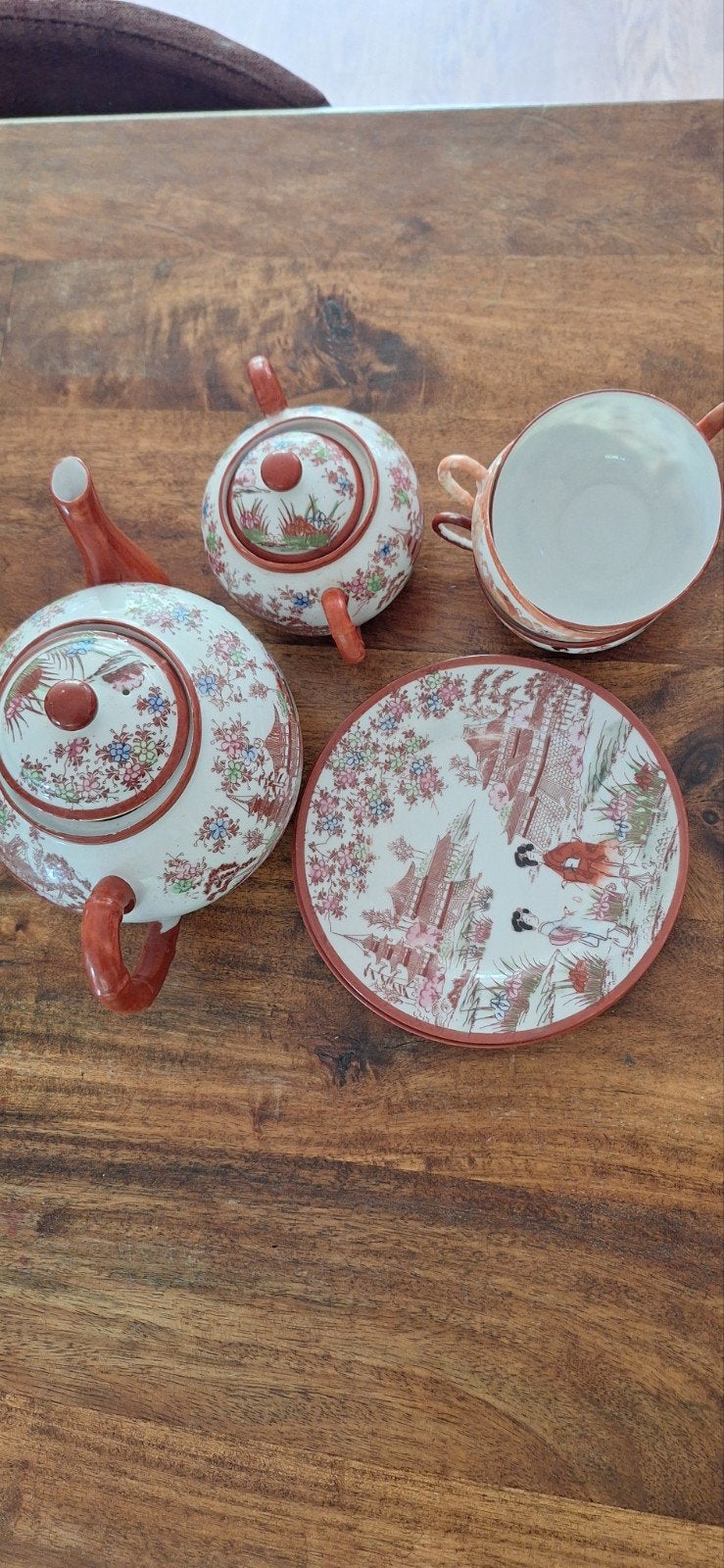 Vintage Japans theeservies met handgeschilderde decoratie, Antiek en Kunst, Antiek | Servies los, Ophalen of Verzenden