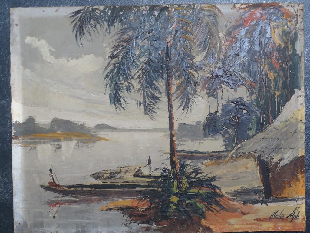 Schilderij rivier kano's bij hut Indonesië Molo Aljili 1961, Verzenden