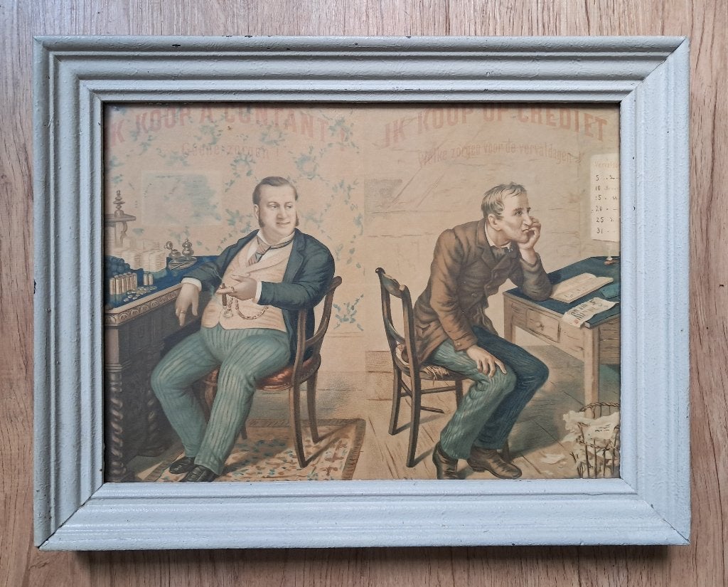 Oude reclameprent van een zakenman, Antiek en Kunst, Kunst | Tekeningen en Foto's, Ophalen