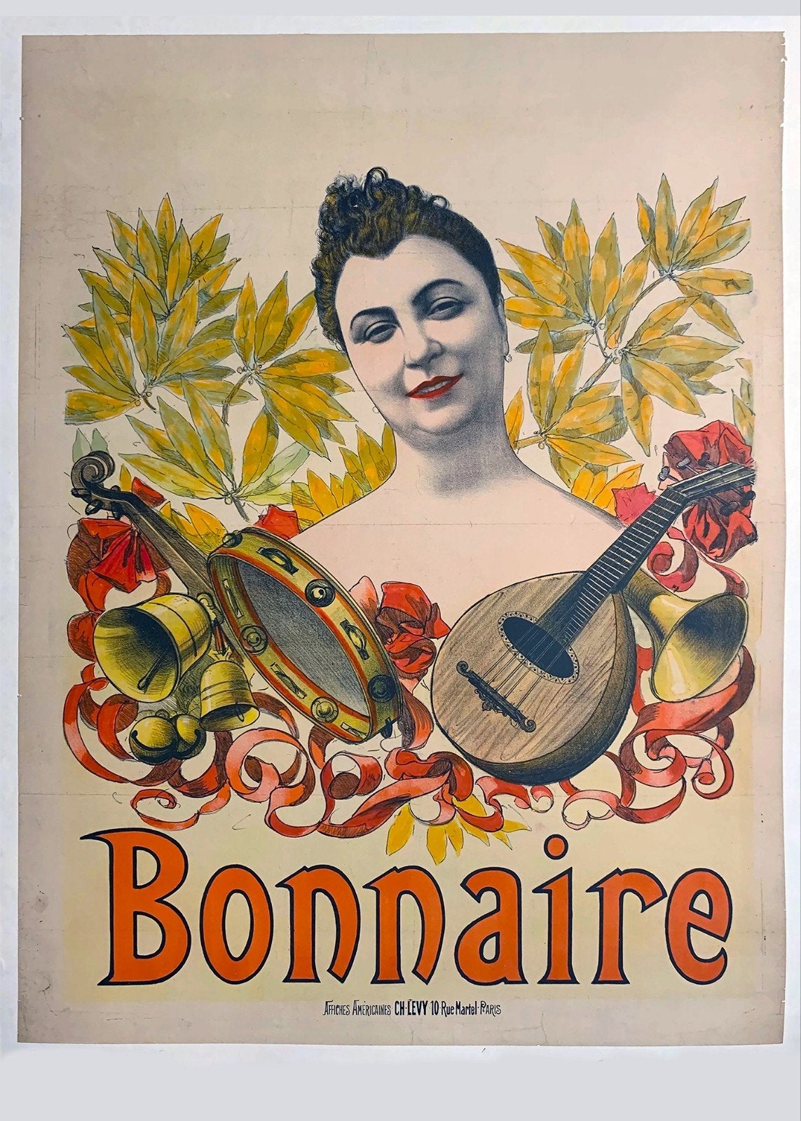 Vintage Poster Bonnaire: Vrouw met Muziekinstrumenten, Ophalen of Verzenden