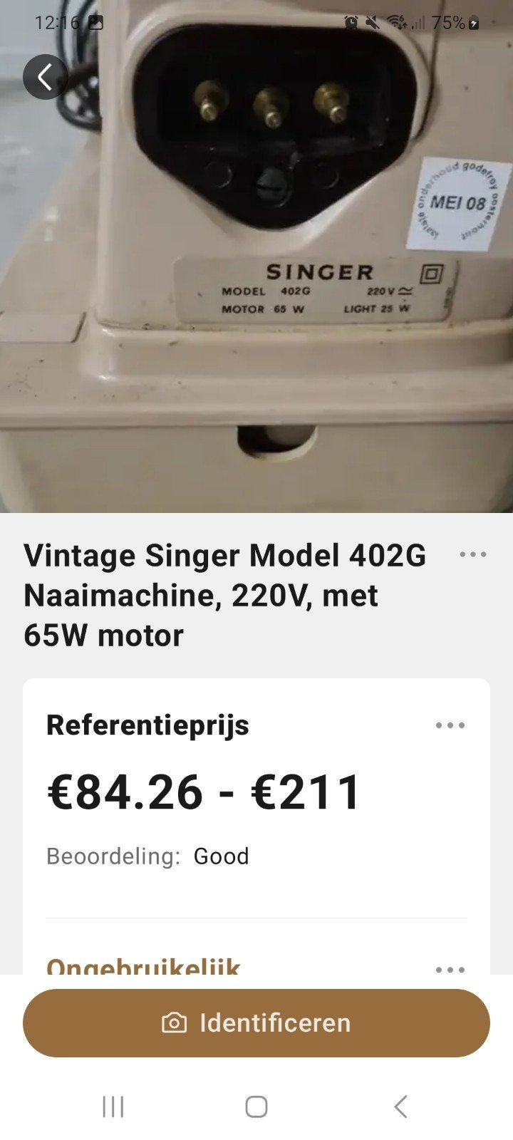 Vintage Singer Model 402G Naaimachine, 220V, 65W motor, Ophalen