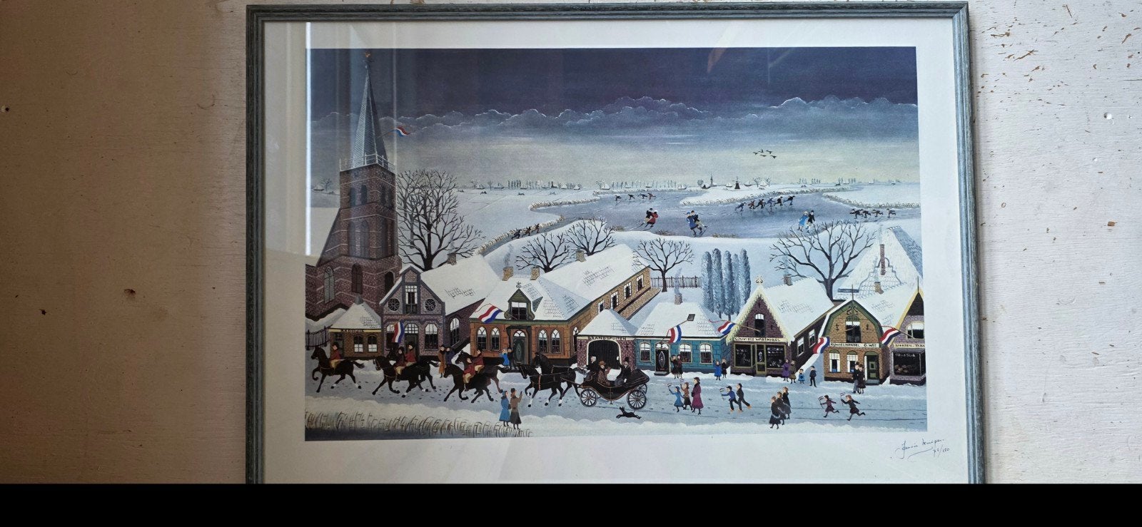 Naïef schilderij in oplage van Jannie Kuiper Wintertafereel, Ophalen