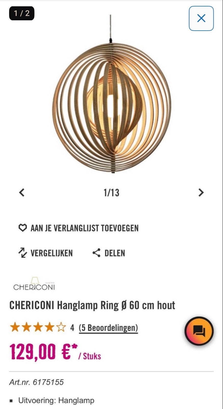 CHERICONI Hanglamp 'Ring' 60 cm Hout - Nieuw in doos, Ophalen of Verzenden, Nieuw, Hout, E27 (groot)