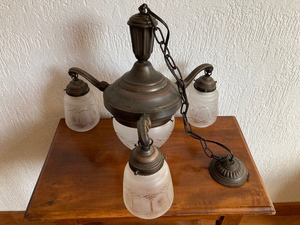 Koper brons hanglamp met 3 armaturen geslepen glazen kelkjes, Ophalen of Verzenden