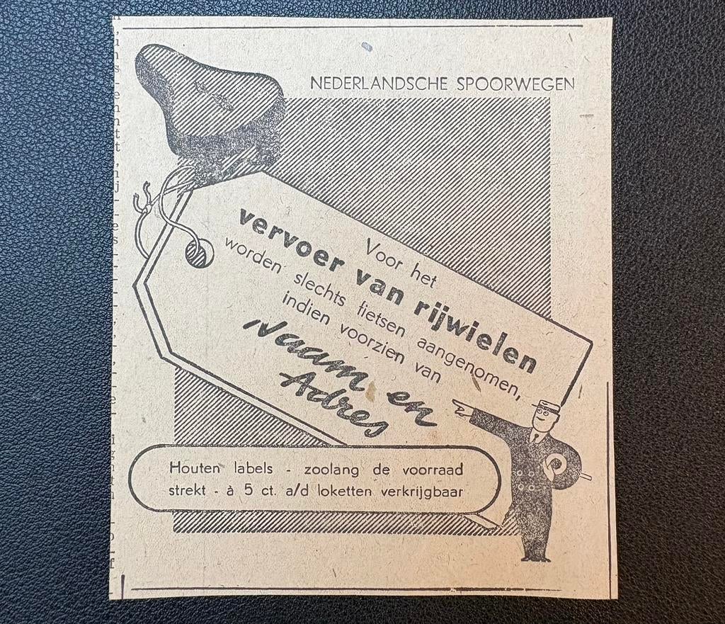 Oude advertentie NS ‘Vervoer van rijwielen’ (1944), Verzamelen, Ophalen of Verzenden, Gebruikt, Trein