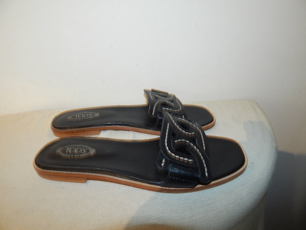 Tod's leren slippers sier band stiksel open gewerkt mt 38, Kleding | Dames, Schoenen, Verzenden, Zwart, Sandalen of Muiltjes, Zo goed als nieuw