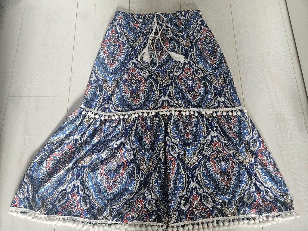 Bohemian midi rok blauw wit paisley franje maat XS/S, Zo goed als nieuw, Maat 34 (XS) of kleiner, Onder de knie, Verzenden