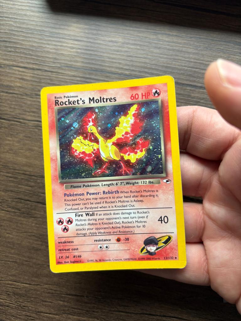 Rocket’s Moltres Holo Gym Heroes 12/132, Ophalen, Gebruikt, Losse kaart