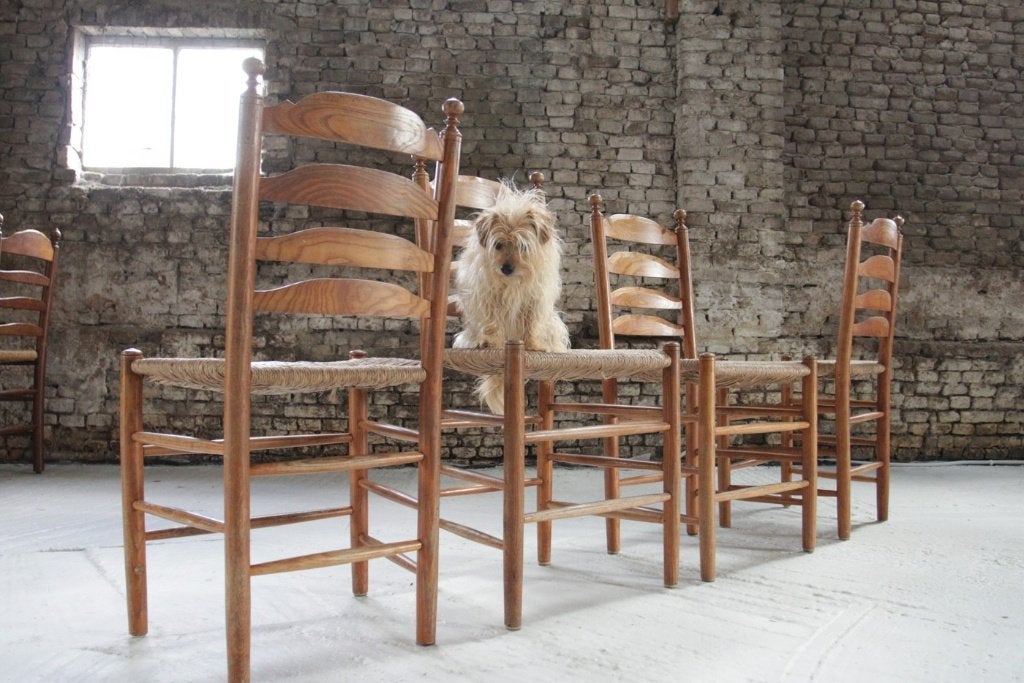 4 oude Hollandse eiken ladderback stoelen biezen jaren 60, Huis en Inrichting, Ophalen, Gebruikt, Landelijk, jaren 60, Bruin