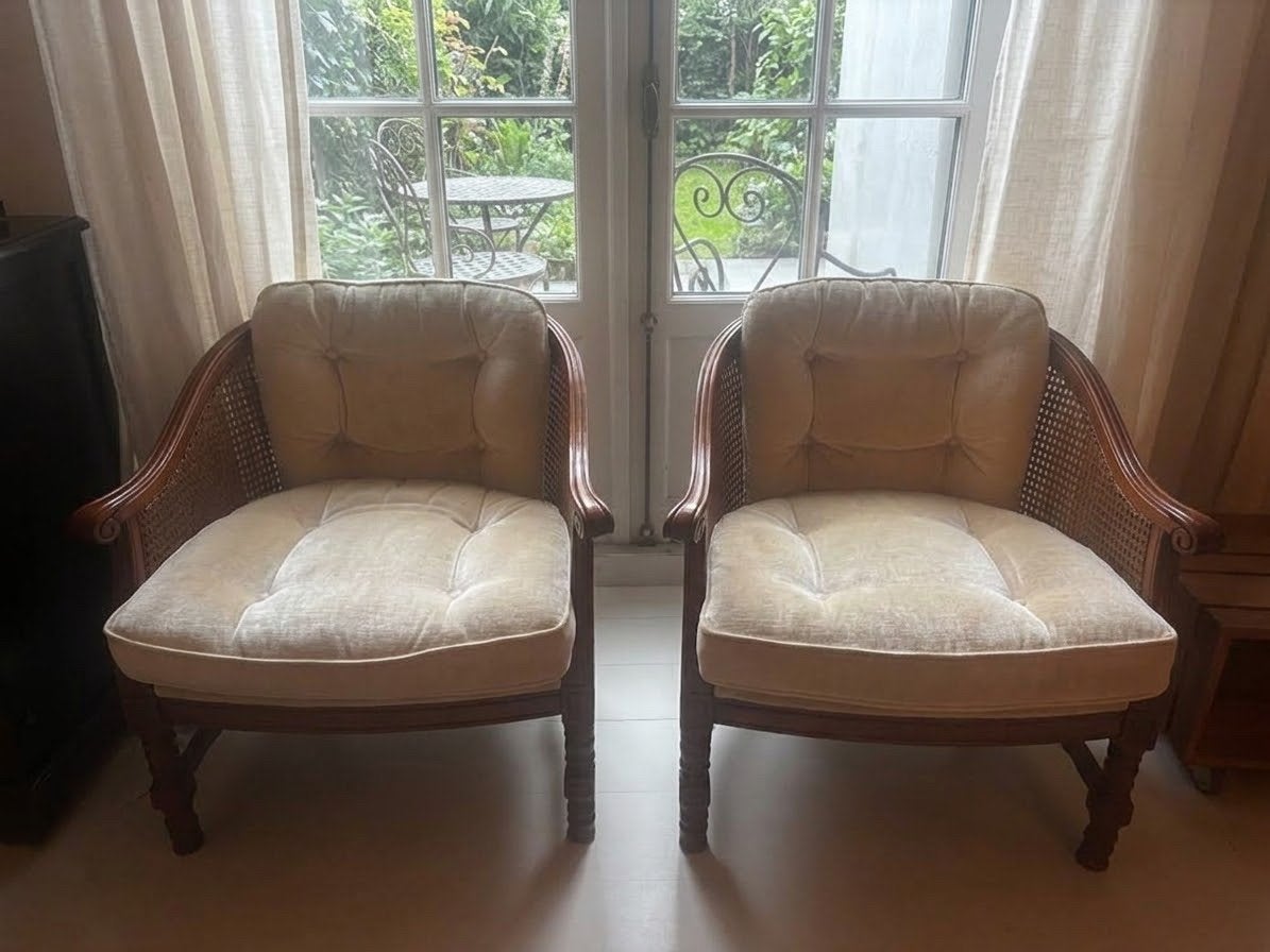 Set van 2 Lodewijk XVI-stijl fauteuils met rotan en velours, Gebruikt, 75 tot 100 cm, Ophalen of Verzenden, 50 tot 75 cm