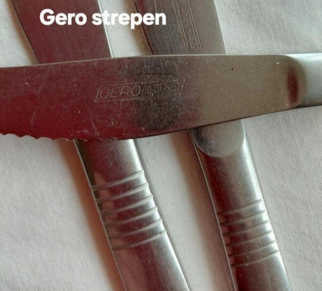 Bestek Gero Zilmeta Roestvrij messen vorken 6 strepen, Antiek en Kunst, Ophalen of Verzenden