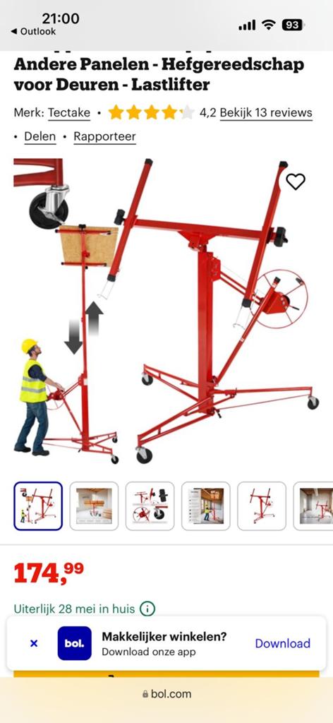 Tectake Platenlift - Gipsplaatlift - Panelenlift - Max 68kg, Doe-het-zelf en Verbouw, Ophalen, Zo goed als nieuw