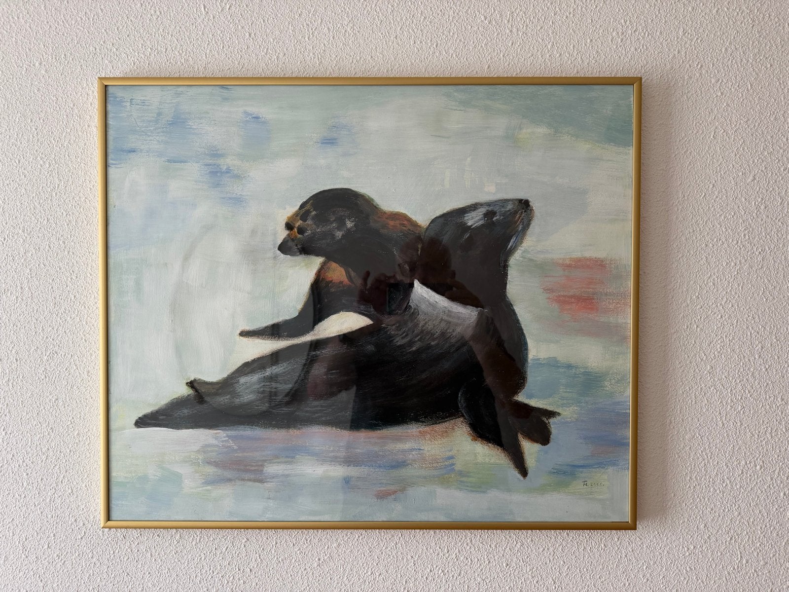 Schilderij Twee Zeehonden - Gesigneerd en Gedateerd, Antiek en Kunst, Kunst | Schilderijen | Klassiek, Doek, Realistisch, Dieren