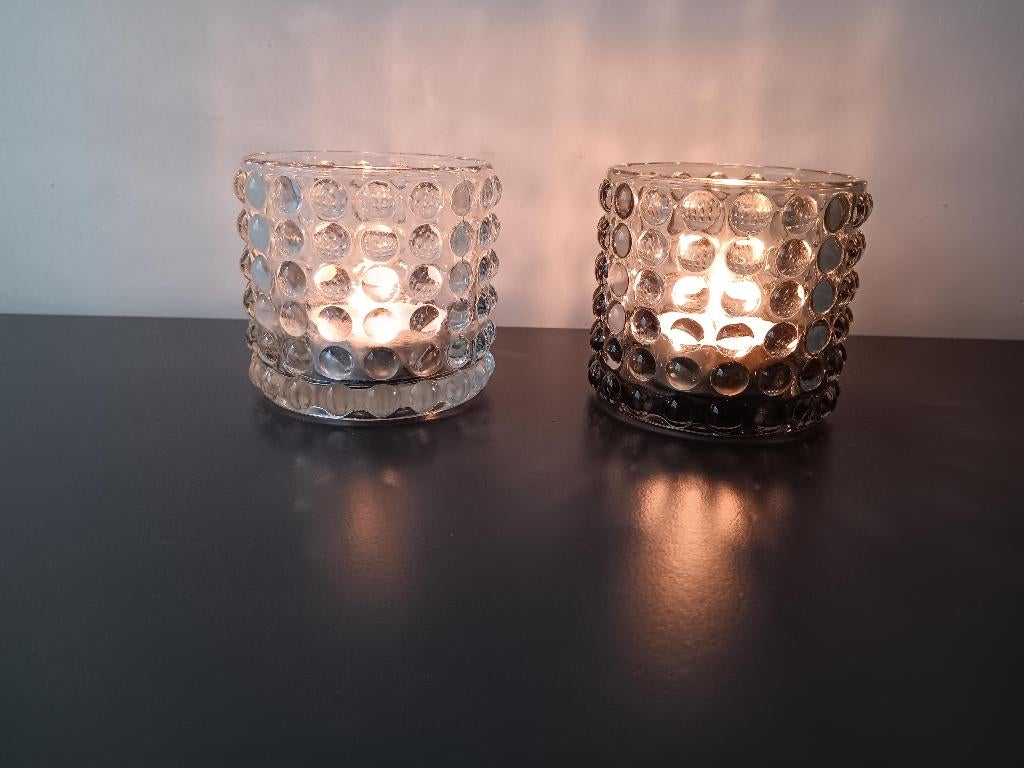 Set glazen waxinelichthouders bobbelglas, Overige materialen, Gebruikt, Ophalen of Verzenden, Kandelaar