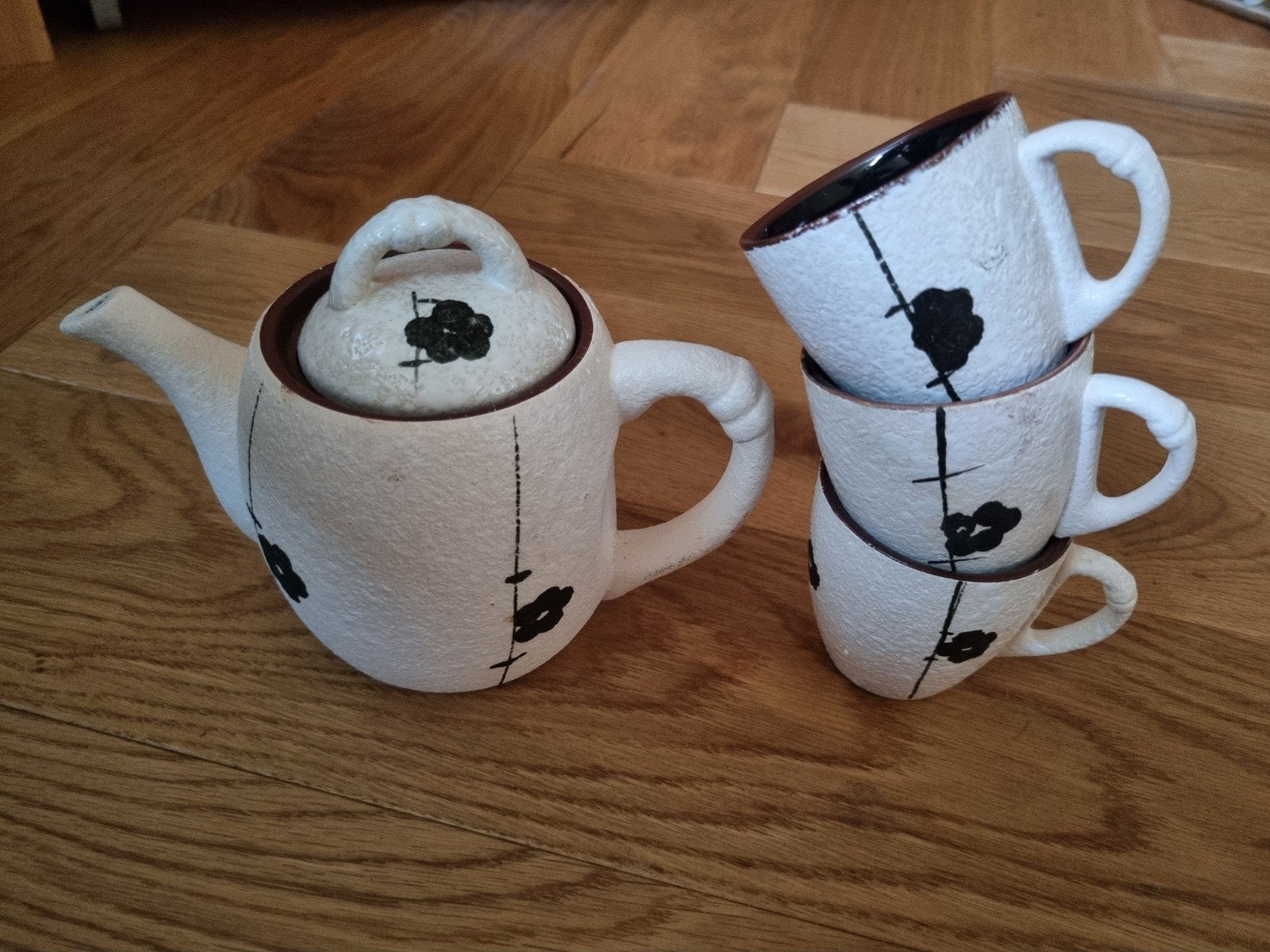 Vintage Handgemaakte Kiribing Theeset - Theepot & 3 Kopjes, Antiek en Kunst, Antiek | Keramiek en Aardewerk, Ophalen