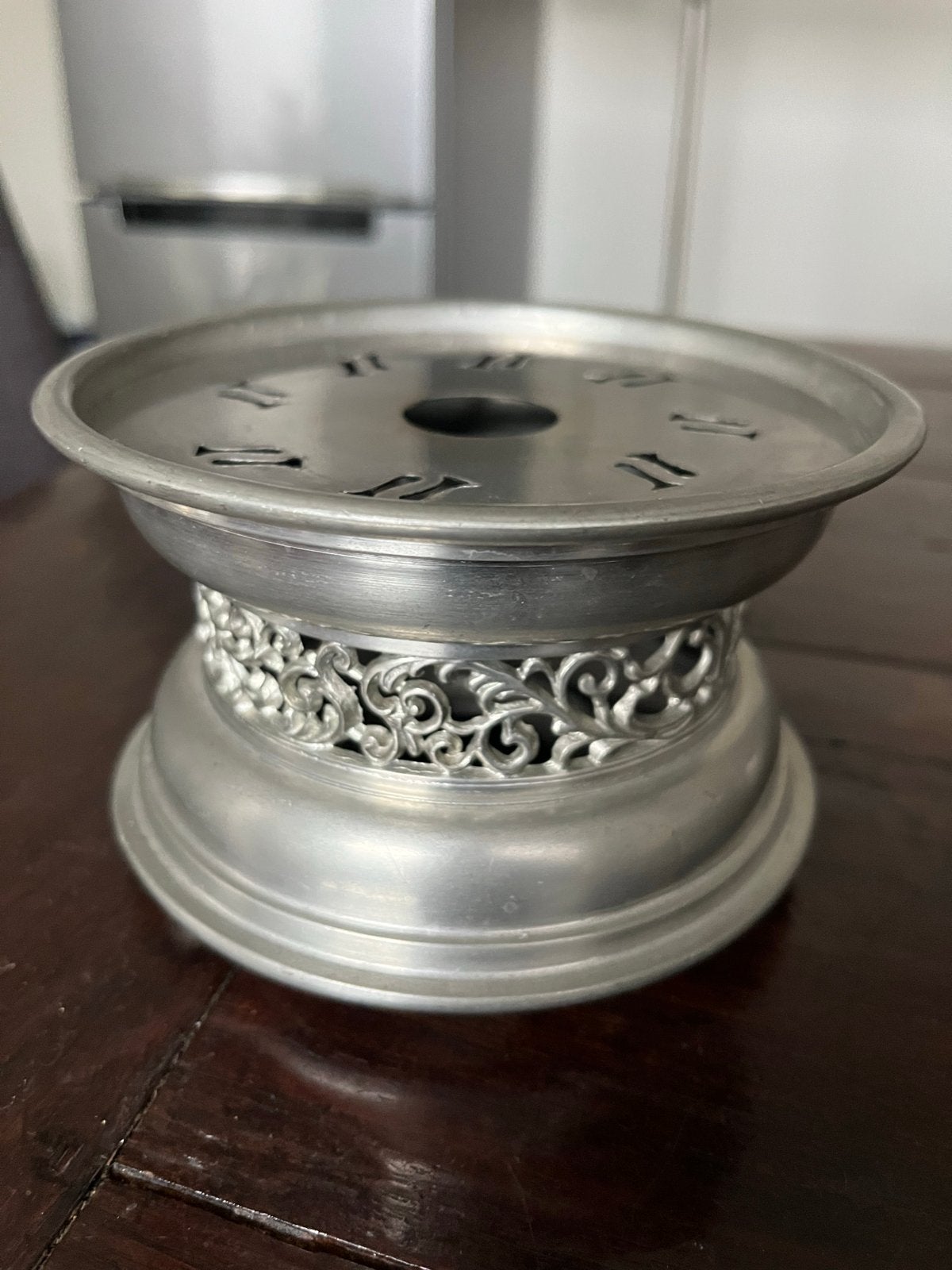 Vintage tinnen theelicht/onderzetter met Romeinse cijfers, Antiek en Kunst, Ophalen of Verzenden