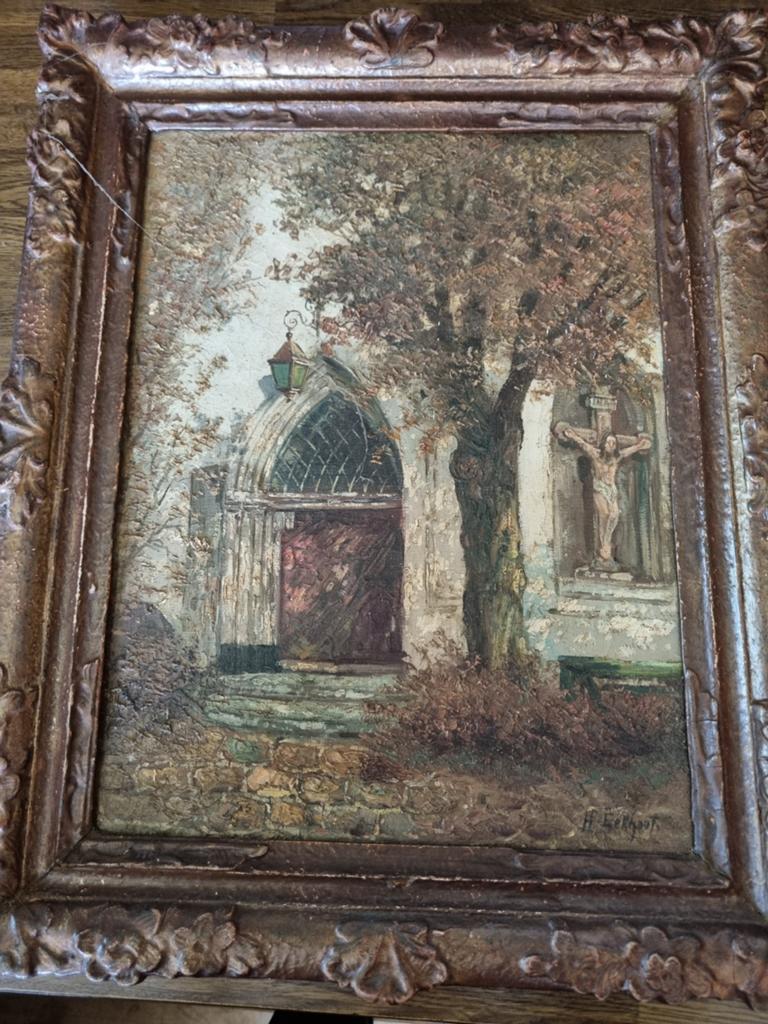 Oud schilderij van H. Eekhout: Kerkje met kruisbeeld, Ophalen of Verzenden