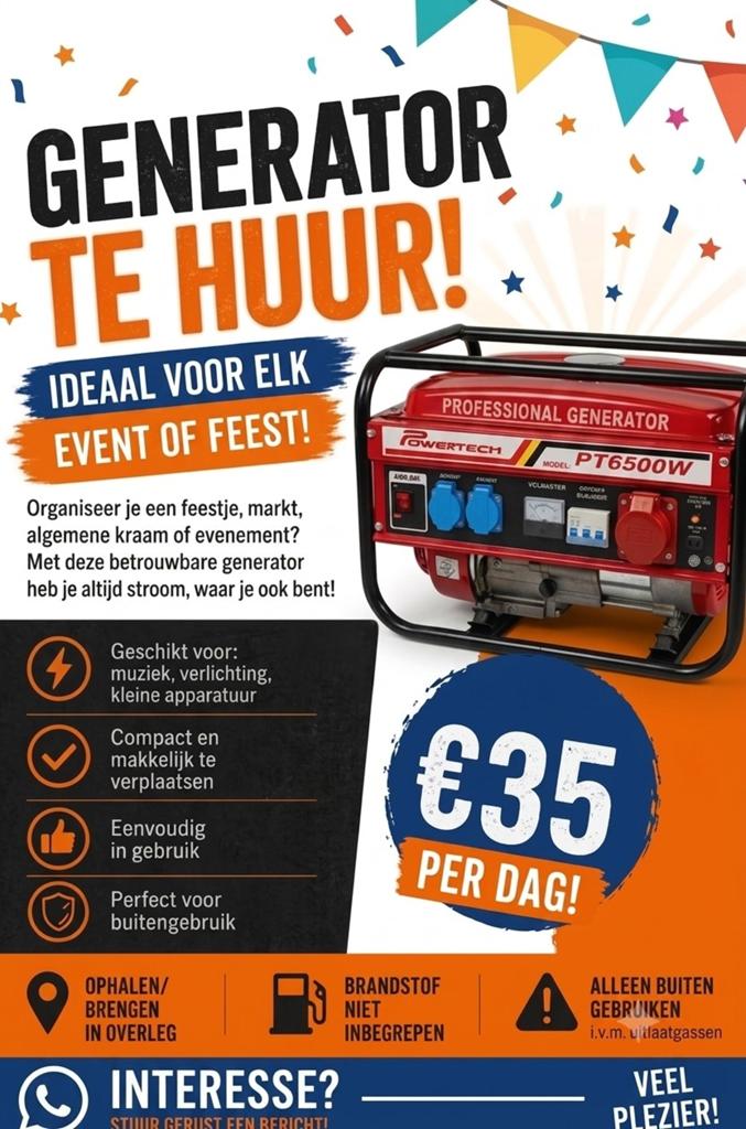 Generator te huur €35 per dag regio Ede, Ophalen, Minder dan 5 kVA, Benzine