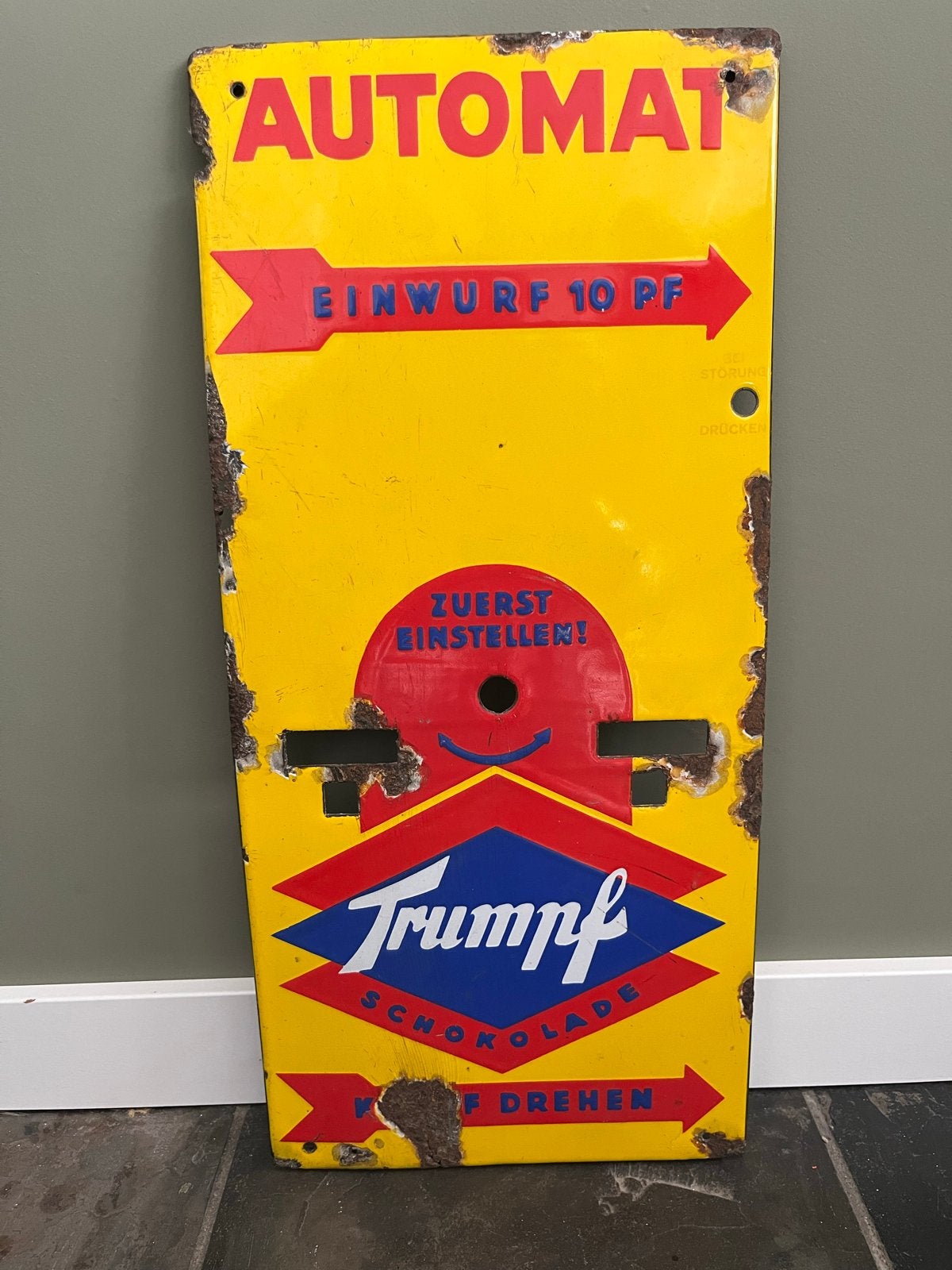 Antiek Emaille Reclamebord Trumpf Chocolade Automaat, Ophalen of Verzenden
