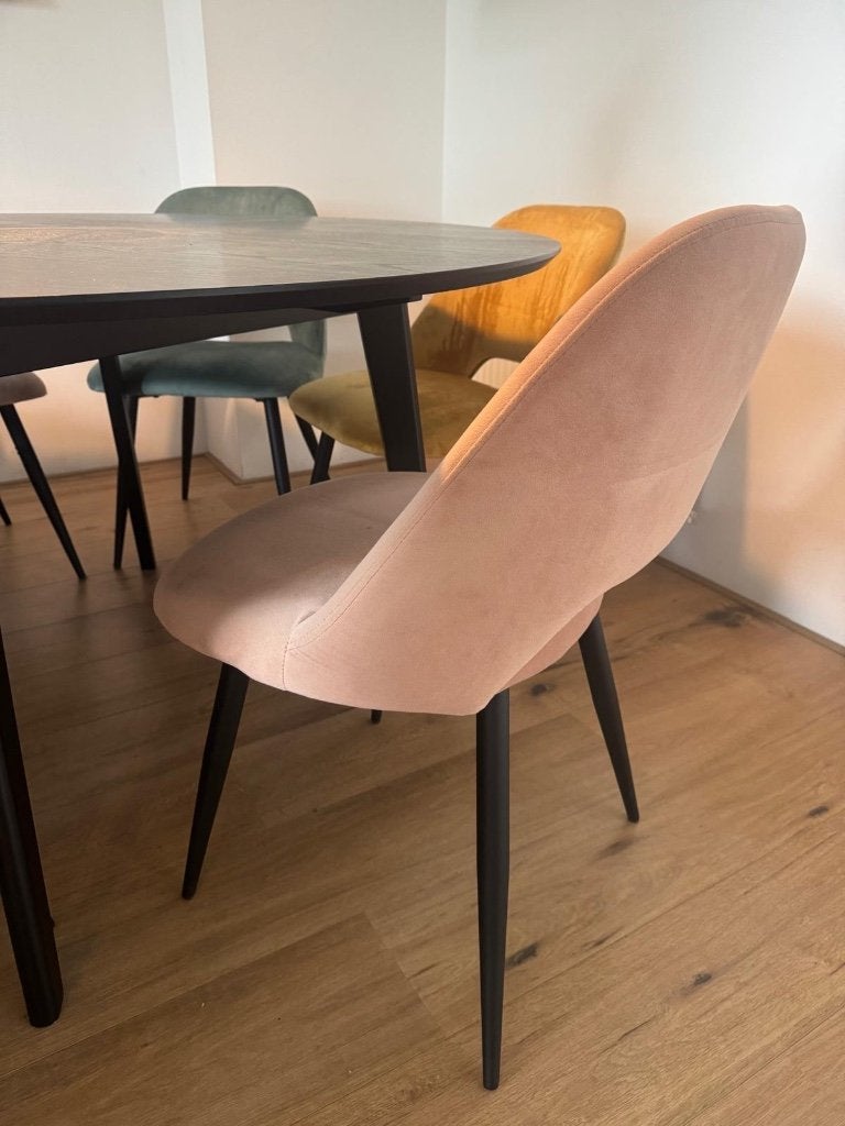 Ronde houten tafel + 6 velours stoelen, Ophalen, Gebruikt, Overige kleuren, Modern