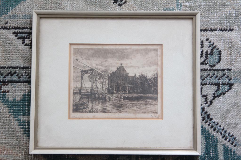Antieke ets Ouderkerk, Antiek en Kunst, Ingelijst, Ets, Stadsgezicht, Ophalen of Verzenden