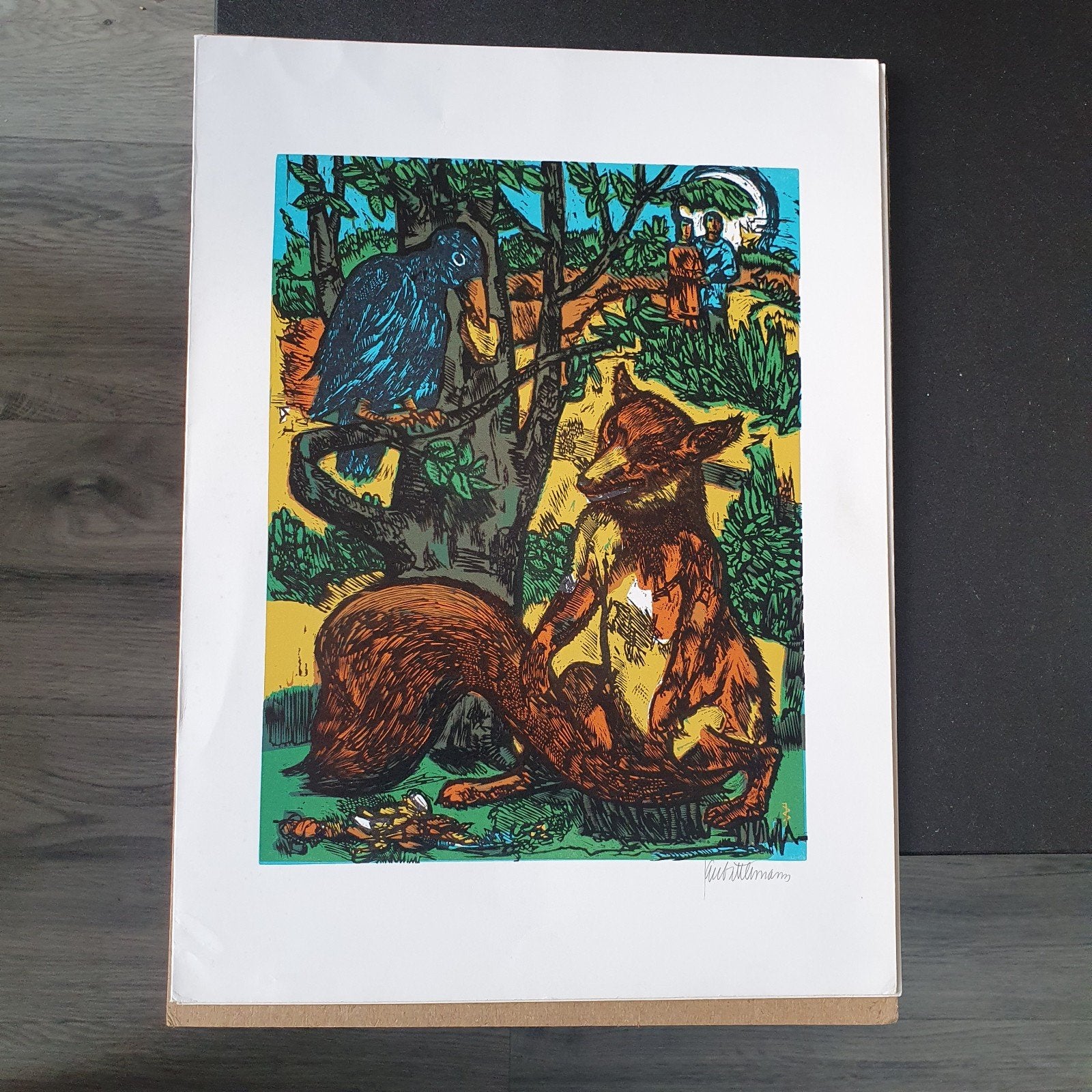 Kleurrijke Houtsnede: Vos en Kraai (Gesigneerd), Antiek en Kunst, 1950 - 1999, Ophalen of Verzenden, Houtsnede, Flora en Fauna