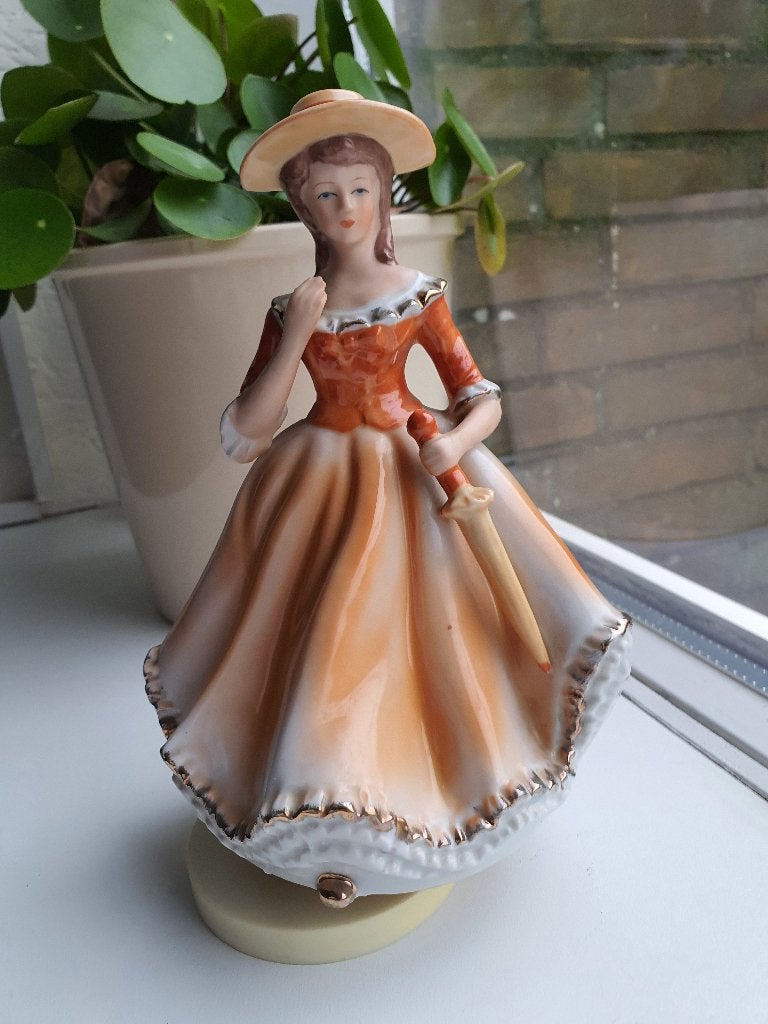 Vintage muziekdoos dame porselein werkend, Ophalen of Verzenden