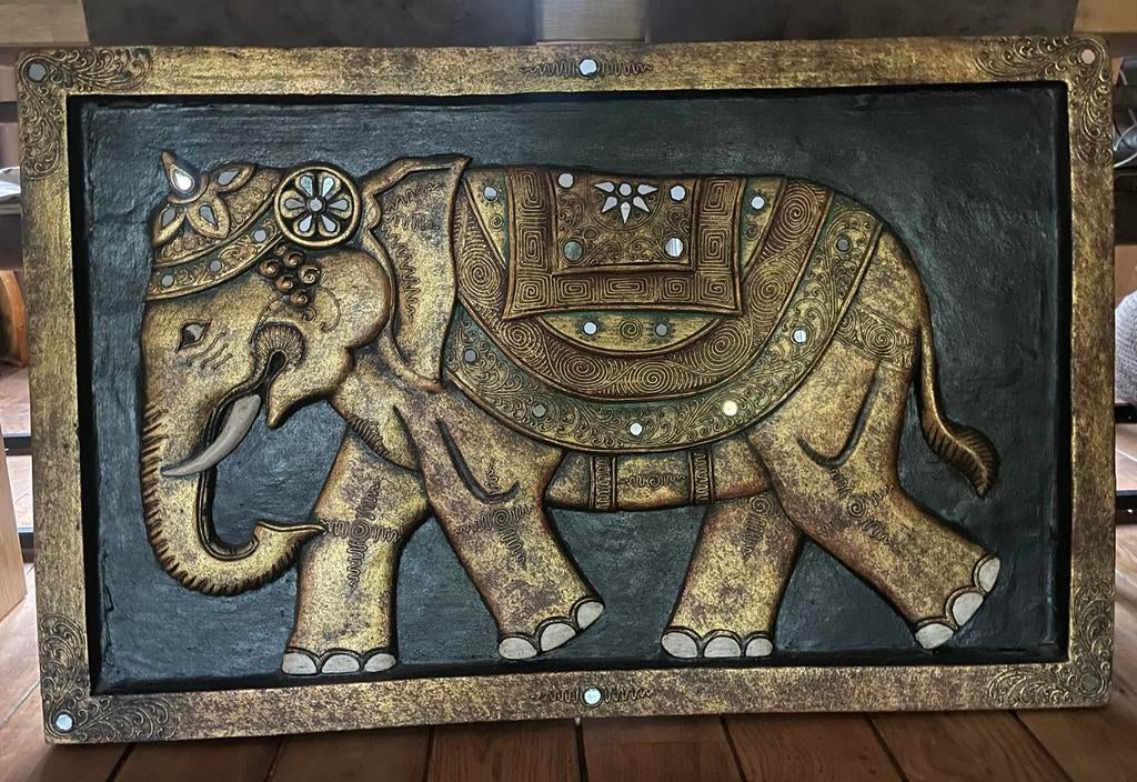 Aziatisch Wandpaneel  Olifant Reliëf en Spiegeltjes vintage, Antiek en Kunst, Ophalen