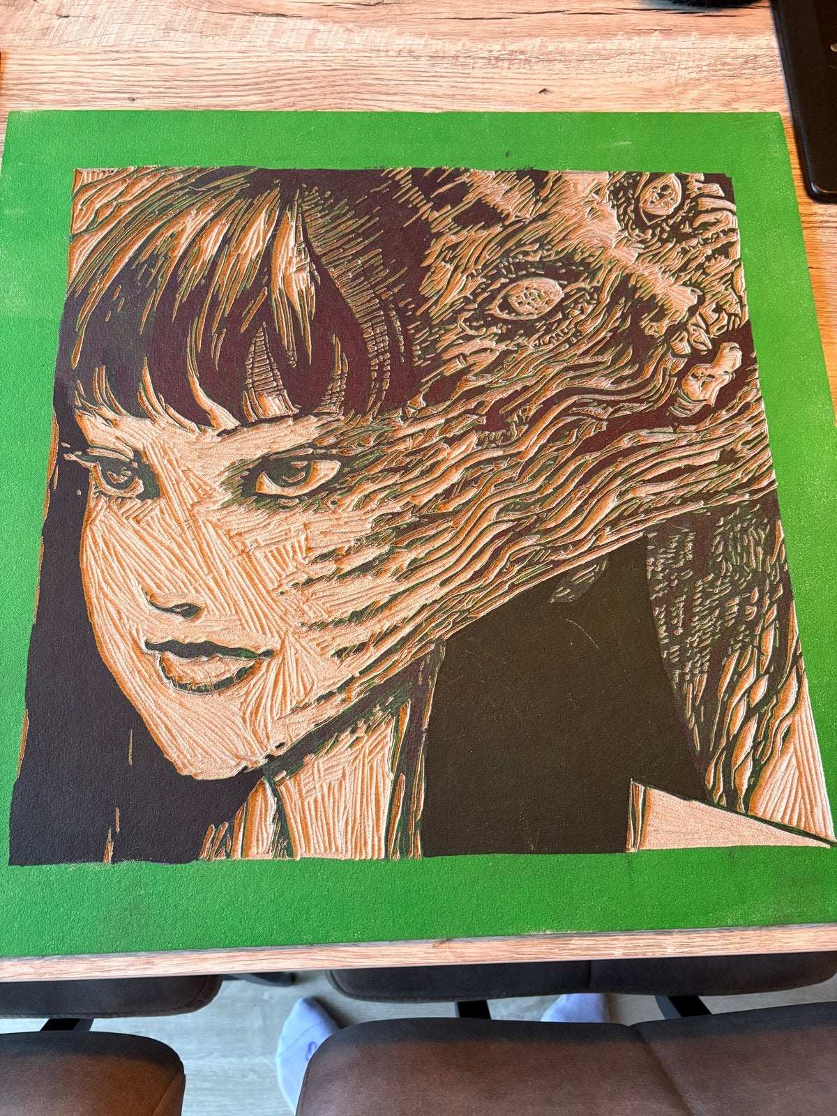 Unieke handgemaakte linosnede - Zwart-wit kunstwerk 49x49cm, Antiek en Kunst, 2000 tot heden, Overige technieken, Portret, Ophalen of Verzenden