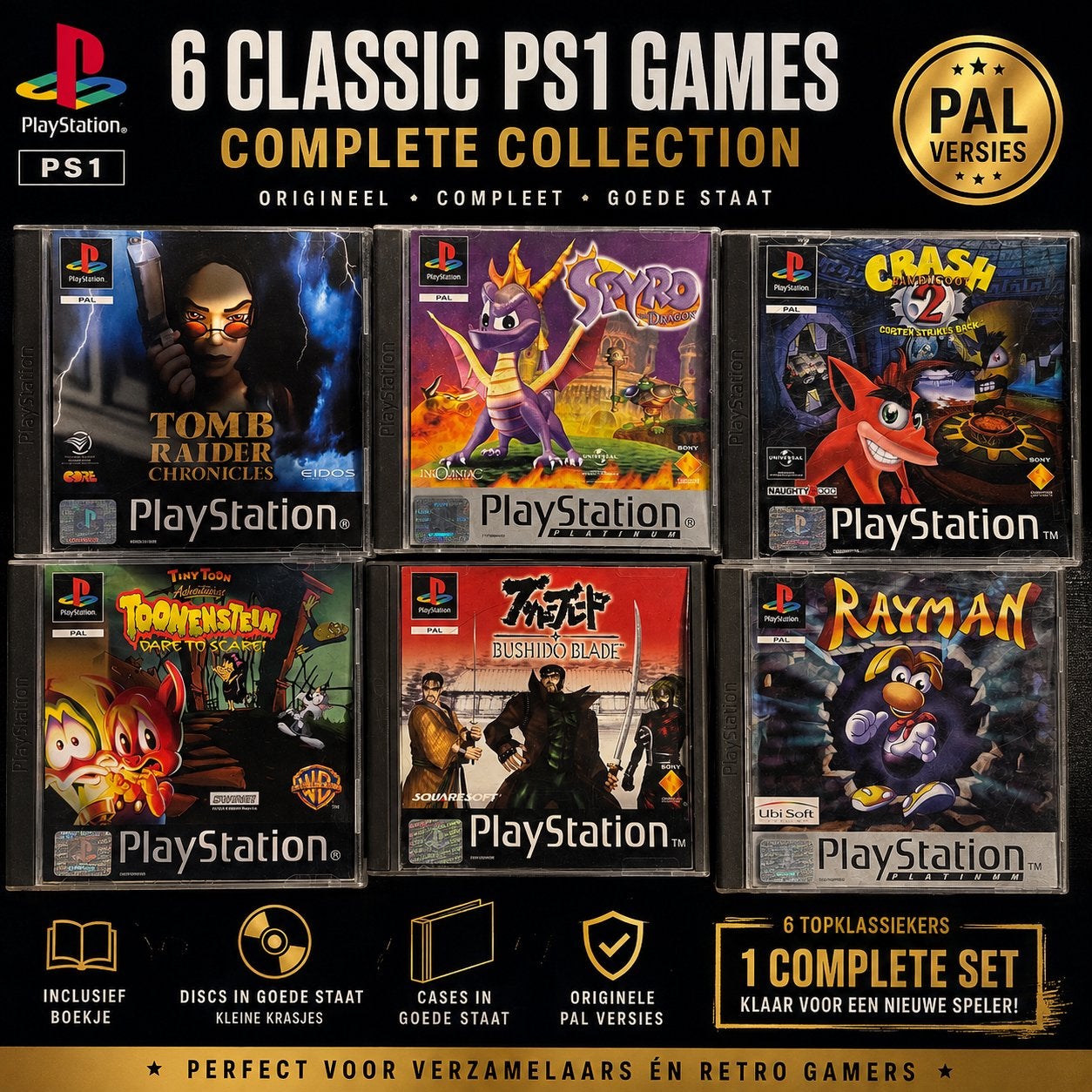 6 Klassieke PS1 Games: Spyro, Crash, Tomb Raider, Rayman, Bu, Gebruikt, Overige genres, 1 speler, Eén computer