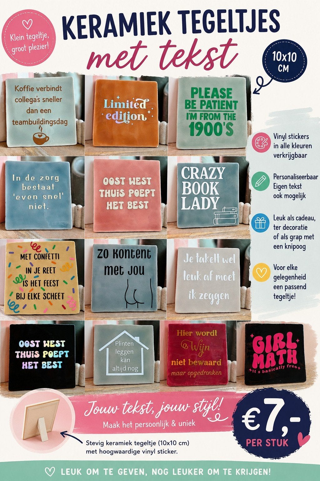 Gepersonaliseerde Tegeltjes met Tekst - 10x10cm, Huis en Inrichting, Verzenden, Nieuw, Meerkleurig, Steen/keramiek