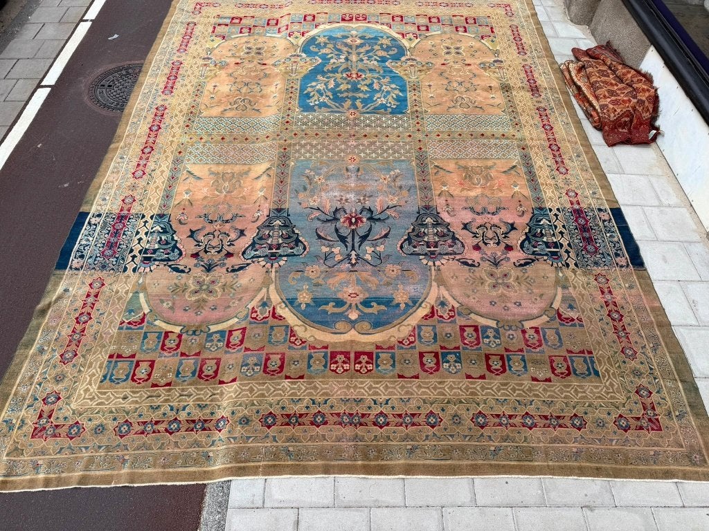 Zeldzaam antiek Indiaas tapijt – 460  345 cm – kunstwerk, Gebruikt, Wol, 200 cm of meer, Ophalen of Verzenden