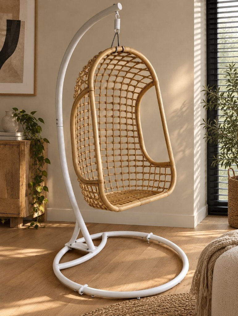 HKliving Rotan Hangstoel met stevige standaard, Huis en Inrichting, Ophalen, Bruin, Zo goed als nieuw, Metaal