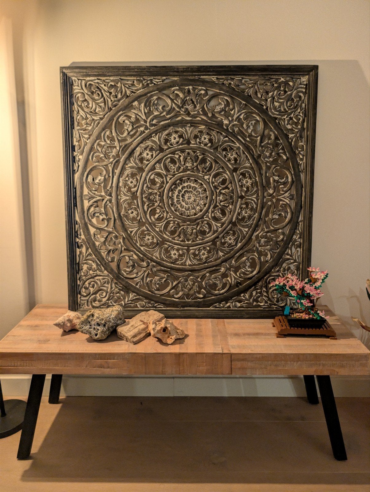 Groot 91x91 cm Houtsnijwerk Wanddecoratie, Antiek en Kunst, Kunst | Beelden en Houtsnijwerken, Ophalen, Hout, Zwart
