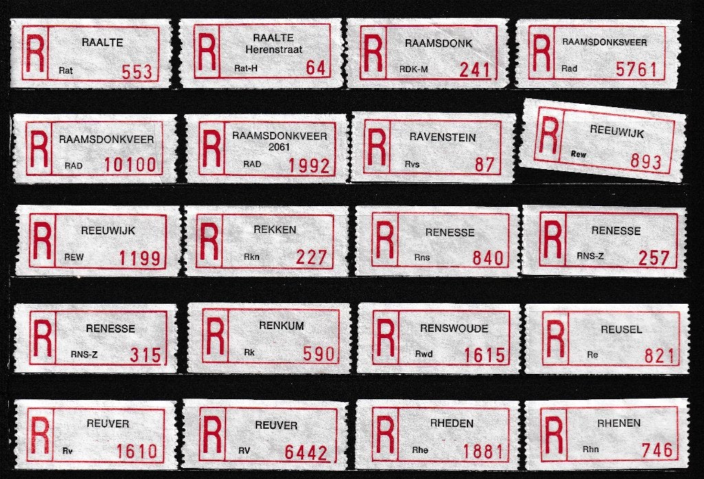 253 Verschillende Aantekenstrookjes, Type 90, Letter R, Verzenden, Na 1940, Gestempeld