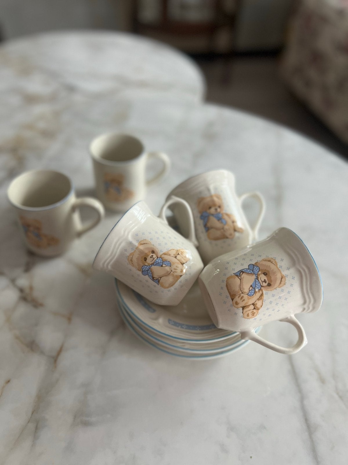 Schattige Vintage Teddybeer Kopjes en Schotels Set, Ophalen, Keramiek, Vintage, Zo goed als nieuw