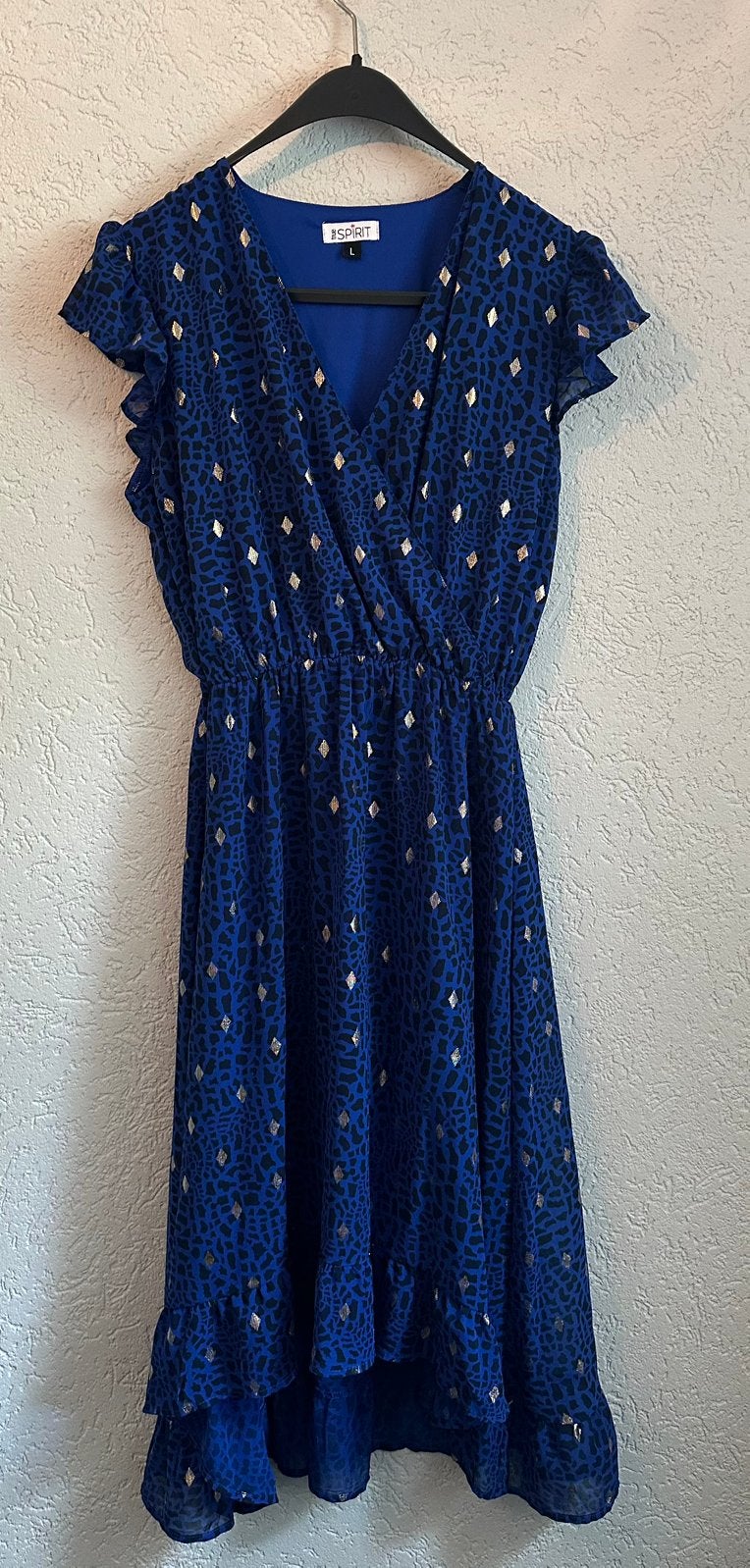 Zomerjurk, blauw met goud, maat L gevoerd, Kleding | Dames, Blauw, Maat 42/44 (L), Ophalen of Verzenden, Zo goed als nieuw