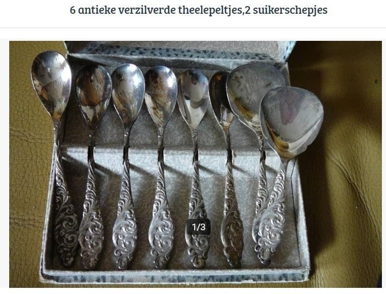 6 verzilverde antieke lepels 2 suikerschepjes, Ophalen of Verzenden